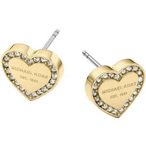 MICHAEL KORS Gold Tone Pave Crystals Heart Love Heritage Studs Earrings Gift Box